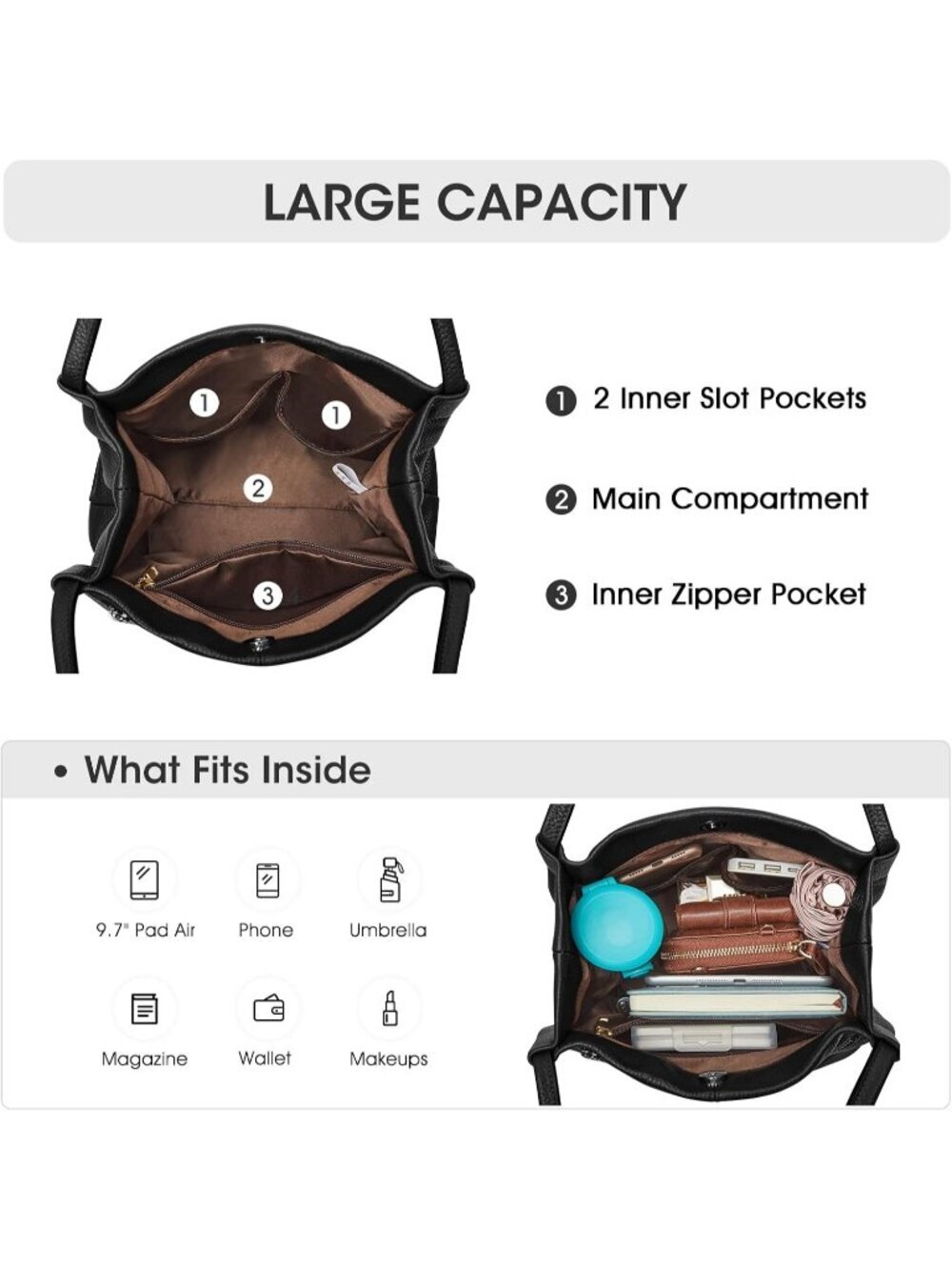 Women's Black Genuine Leather Shoulder Bag With 5 pockets and Top Magnetic - Picture 4 of 6